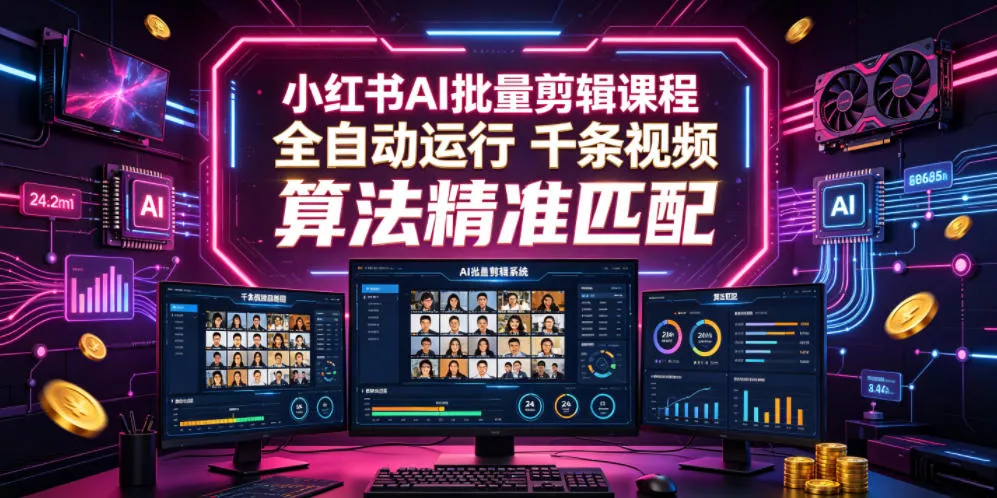 小红书AI批量剪辑课程，24小时全自动运行，解放双手专注运营，千条视频批量处理，小红书算法精准匹配-奇点库