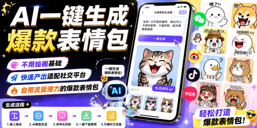 AI一键生成爆款表情包，不用绘画基础，快速产出适配社交平台，自带流量潜力的爆款表情包-奇点库