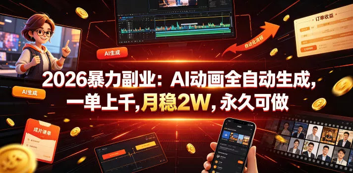 2026暴力副业：AI动画全自动生成，一单上千，月稳2W，永久可做【揭秘】-奇点库