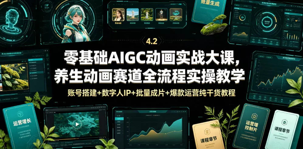 零基础AIGC动画实战大课，养生动画赛道全流程实操教学，账号搭建+数字人IP+批量成片+爆款运营纯干货教程-奇点库