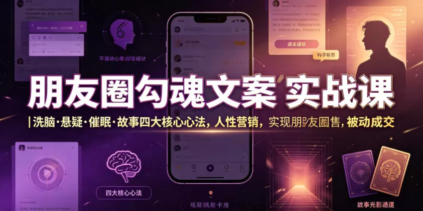 朋友圈勾魂文案实战课｜洗脑·悬疑·催眠·故事四大核心心法，吃透人性营销，实现朋友圈不销而售被动成交-奇点库
