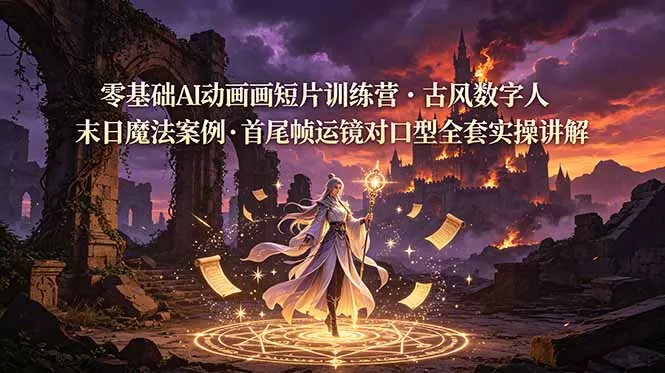 零基础AI动画短片训练营，古风数字人末日魔法案例，首尾帧运镜对口型全套实操讲解-奇点库