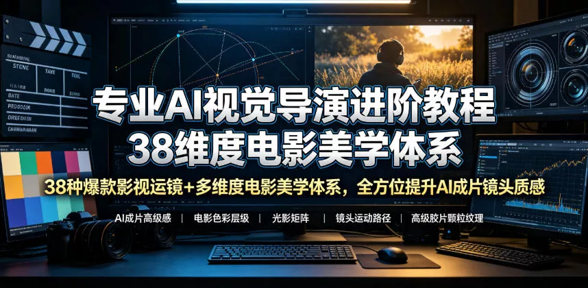 专业AI视觉导演进阶教程，38种爆款影视运镜+多维度电影美学体系，全方位提升AI成片高级感与镜头质感-奇点库