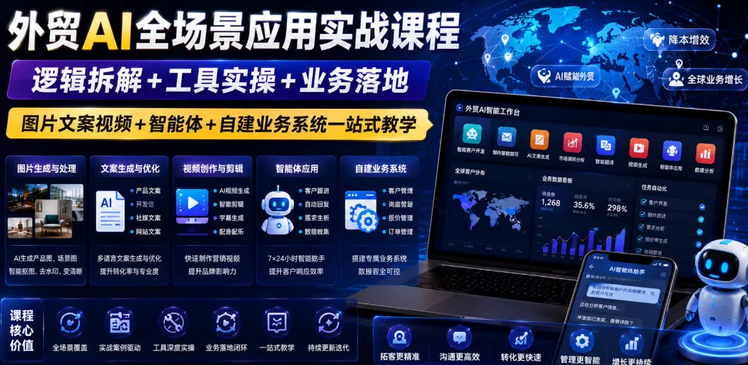 外贸AI全场景应用实战课程｜逻辑拆解+工具实操+业务落地，图片文案视频+智能体+自建业务系统一站式教学-奇点库