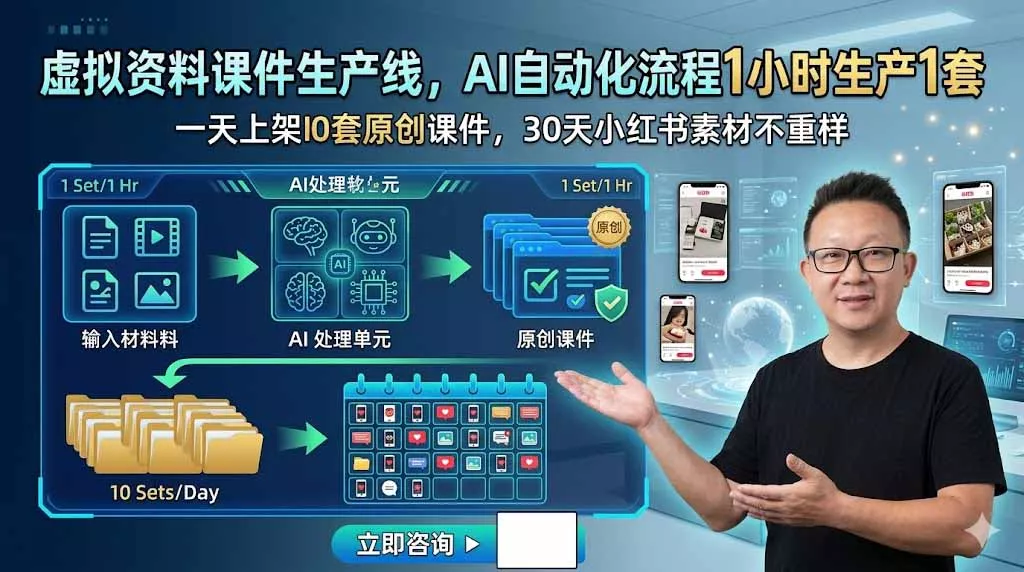 虚拟资料课件生产线，AI自动化流程1小时生产1套，一天上架10套原创课件，30天小红书素材不重样-奇点库