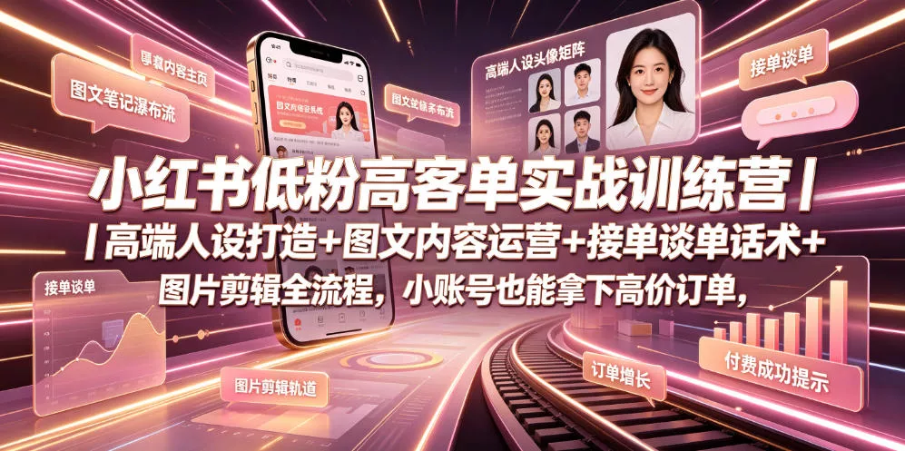 小红书低粉高客单实战训练营｜高端人设打造+图文内容运营+接单谈单话术+图片剪辑全流程，小账号也能拿下高价订单-奇点库