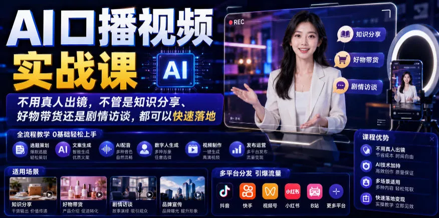 AI口播视频实战课，不用真人出镜，不管是知识分享、好物带货还是剧情访谈，都可以快速落地-奇点库