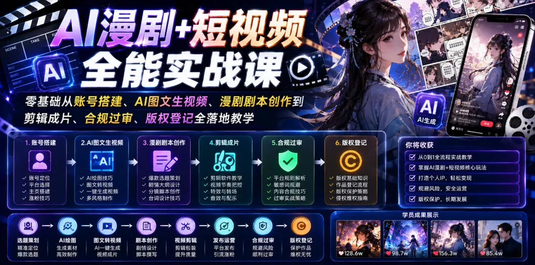 AI漫剧+短视频全能实战课｜零基础从账号搭建、AI图文生视频、漫剧剧本创作到剪辑成片、合规过审、版权登记全落地教学-奇点库