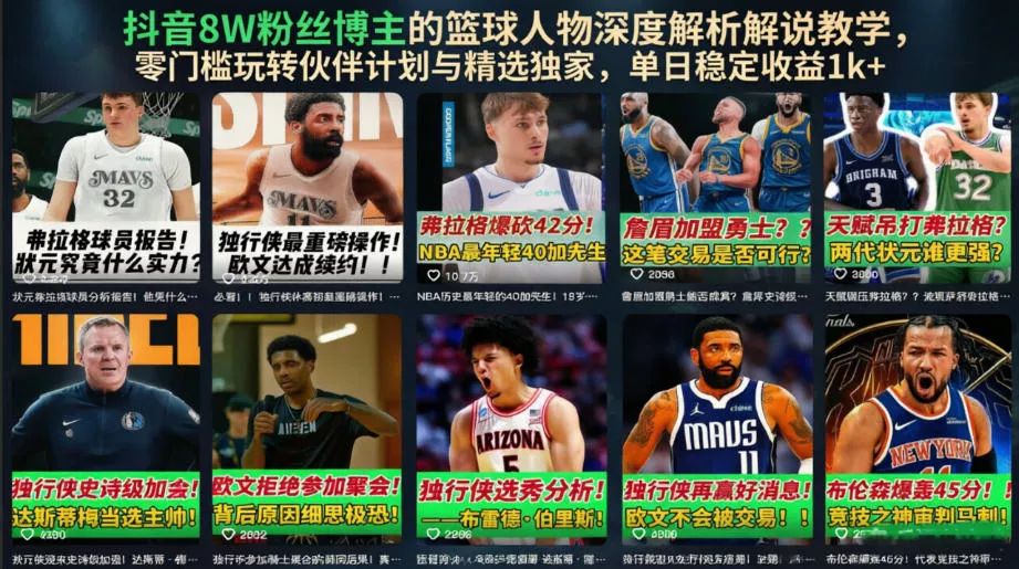 抖音8W粉丝博主的篮球人物深度解析解说教学，零门槛玩转伙伴计划与精选独家，单日稳定收益1k+-奇点库