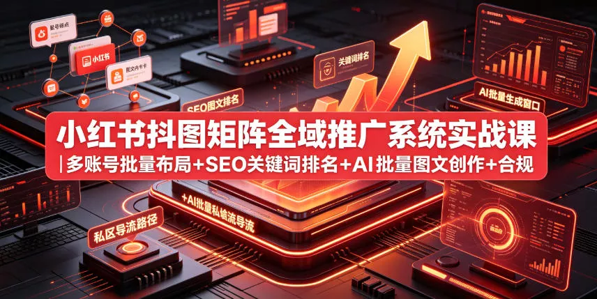 小红书抖图矩阵全域推广系统实战课｜多账号批量布局+SEO关键词排名+AI批量图文创作+合规私域导流完整落地教程-奇点库