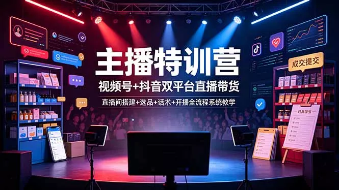 主播特训营：视频号+抖音双平台直播带货，直播间搭建+选品+话术+开播全流程系统教学-奇点库