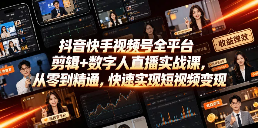 抖音快手视频号全平台剪辑+数字人直播实战课，从零到精通，快速实现短视频变现(更新2026年6月)-奇点库