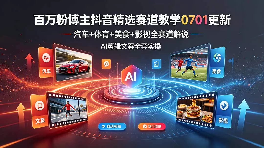 百万粉博主抖音精选赛道教学-0701更新，汽车+体育+美食+影视全赛道解说，AI剪辑文案全套实操-奇点库