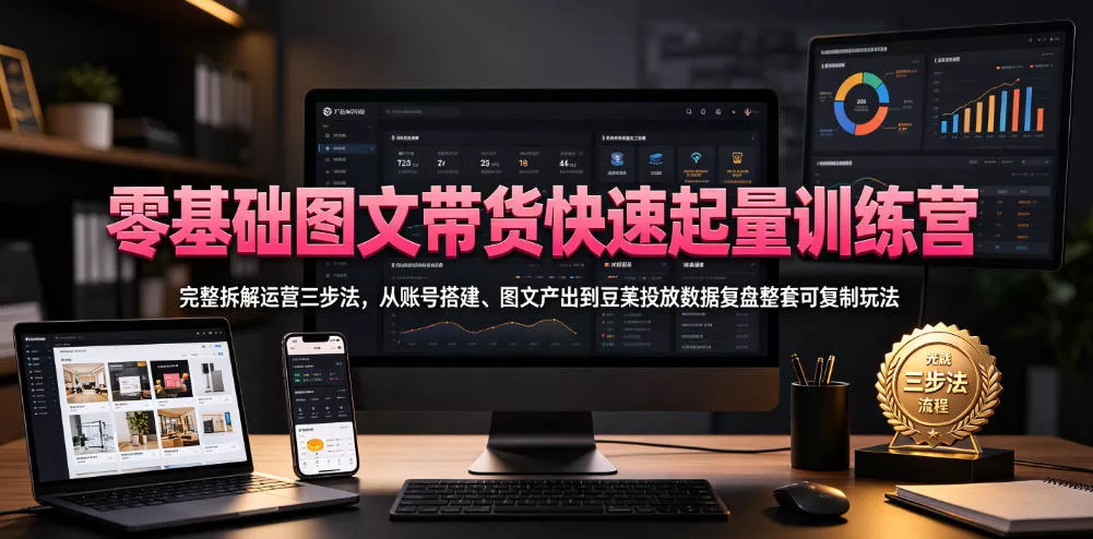 零基础图文带货快速起量训练营,完整拆解运营三步法,从账号搭建、图文产出到豆荚投放数据复盘整套可复制玩法-奇点库