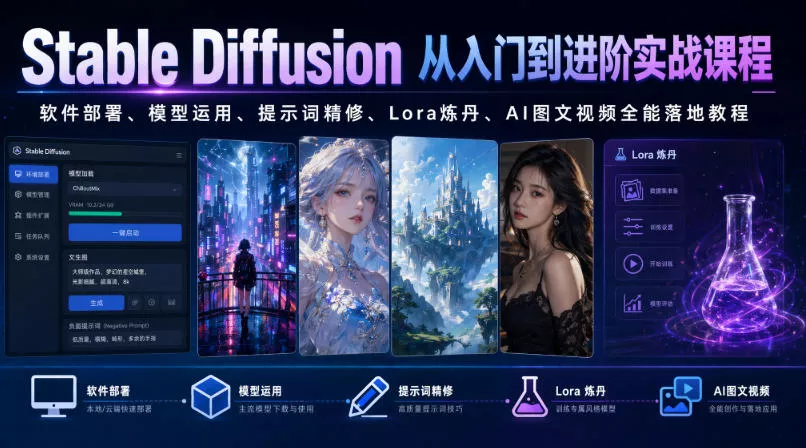 Stable Diffusion从入门到进阶实战课程|软件部署、模型运用、提示词精修、Lora炼丹、AI图文视频全能落地教程-奇点库