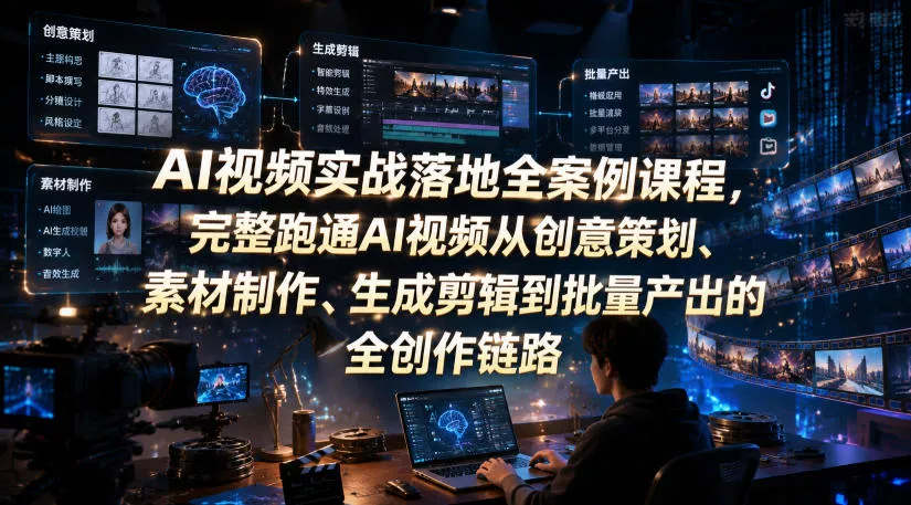 AI视频实战落地全案例课程,完整跑通AI视频从创意策划、素材制作、生成剪辑到批量产出的全创作链路-奇点库