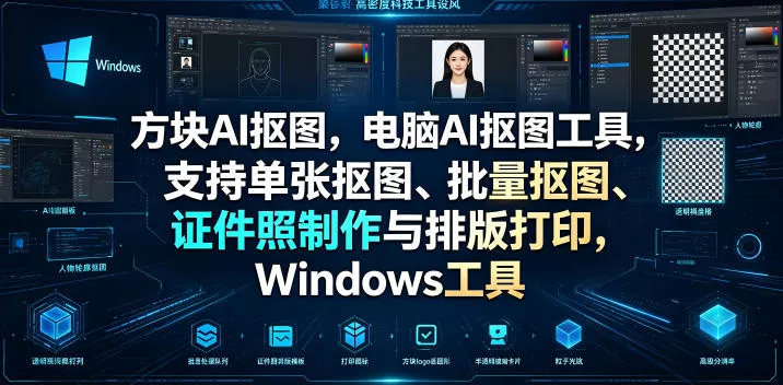 方块AI抠图，电脑AI抠图工具，支持单张抠图、批量抠图、证件照制作与排版打印，Windows工具-奇点库