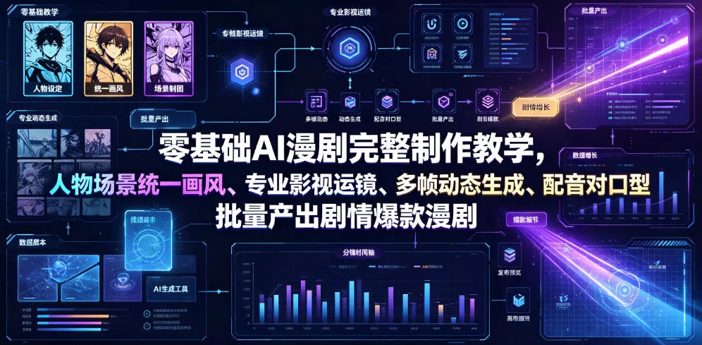 零基础AI漫剧完整制作教学,人物场景统一画风、专业影视运镜、多帧动态生成、配音对口型,批量产出剧情爆款漫剧-奇点库