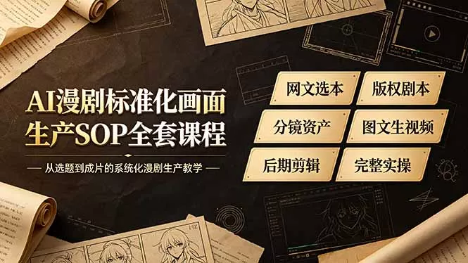 AI漫剧标准化画面生产SOP全套课程,网文选本版权剧本分镜资产全覆盖,图文生视频后期剪辑完整实操教学-奇点库