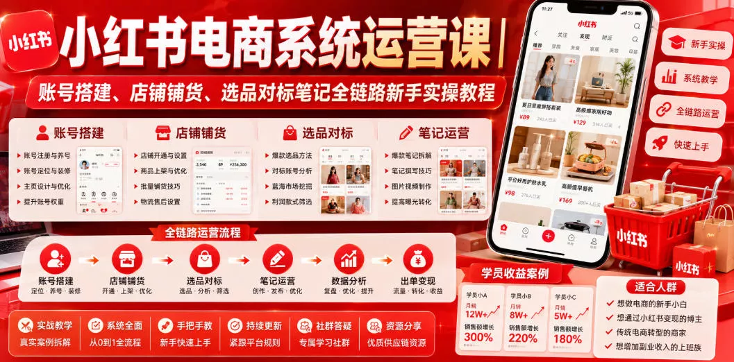 小红书电商系统运营课|账号搭建、店铺铺货、选品对标笔记全链路新手实操教程-奇点库