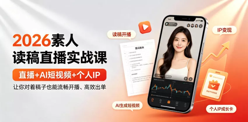 2026素人读稿直播实战课｜直播+AI短视频+个人IP，让你对着稿子也能流畅开播、高效出单-奇点库