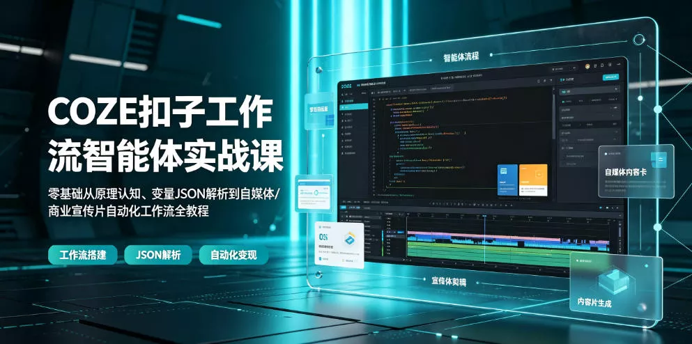 COZE扣子工作流智能体实战课｜零基础从原理认知、变量JSON解析到自媒体/商业宣传片自动化工作流全教程-奇点库