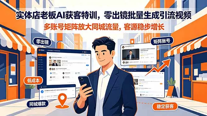 实体店老板AI获客特训，零出镜批量生成引流视频，多账号矩阵放大同城流量，客源稳步增长-奇点库