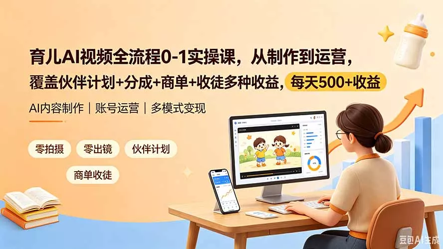 育儿AI视频全流程0-1实操课,从制作到运营,覆盖伙伴计划+分成+商单+收徒多种收益,每天500+收益-奇点库