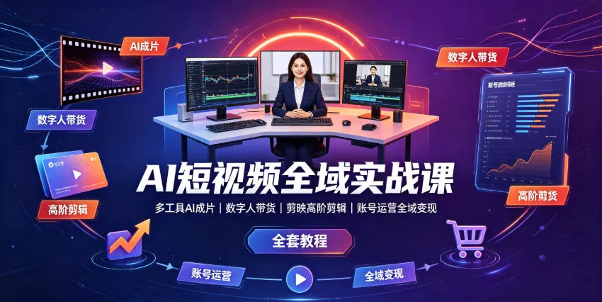 AI短视频全域实战课｜多工具AI成片、数字人带货、剪映高阶剪辑、账号运营全域变现全套教程-奇点库