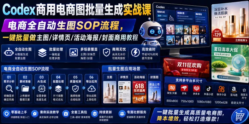 Codex商用电商图批量生成实战课｜电商全自动生图SOP流程，一键批量做主图/详情页/活动海报/封面商用教程-奇点库