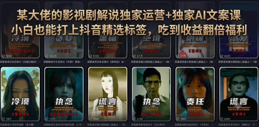 某大佬的影视剧解说独家运营+独家AI文案课，小白0粉丝也能快速打上抖音精选标签、吃到收益翻倍福利-奇点库
