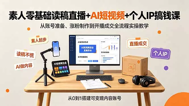 素人零基础读稿直播+AI短视频+个人IP搞钱课，从账号准备、涨粉制作到开播成交全流程实操教学-奇点库