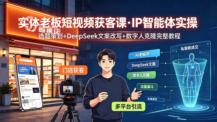 实体老板短视频获客课·IP智能体实操｜选题策划+DeepSeek文案改写+数字人克隆完整教程-奇点库