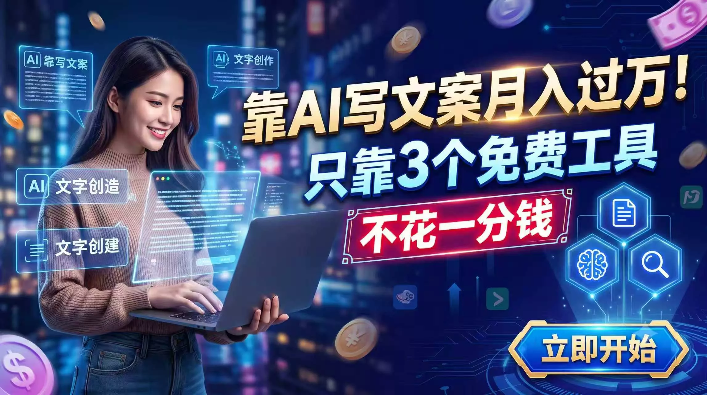 靠AI写文案月入过万，只靠3个免费工具，不花一分钱-奇点库