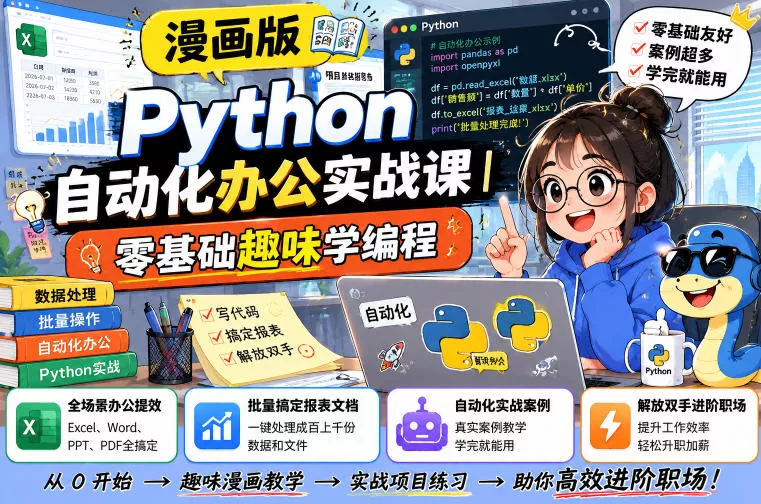 漫画版Python自动化办公实战课|零基础趣味学编程,全场景办公提效、批量搞定报表文档、解放双手进阶职场