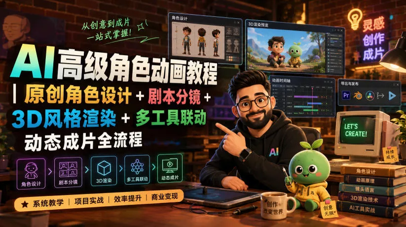 AI高级角色动画教程｜原创角色设计+剧本分镜+3D风格渲染+多工具联动动态成片全流程【中英字幕】-奇点库