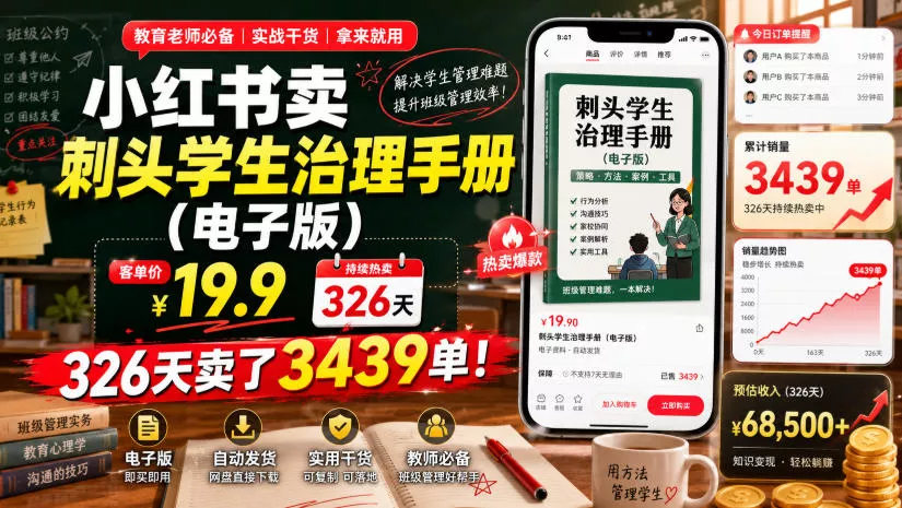 小红书卖刺头学生治理手册(电子版)，客单价19.9，326天卖了3439单！-奇点库