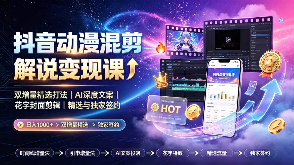 抖音动漫混剪解说变现课：双增量精选打法｜AI深度文案｜花字封面剪辑｜ 精选与独家签约日入1000+-奇点库