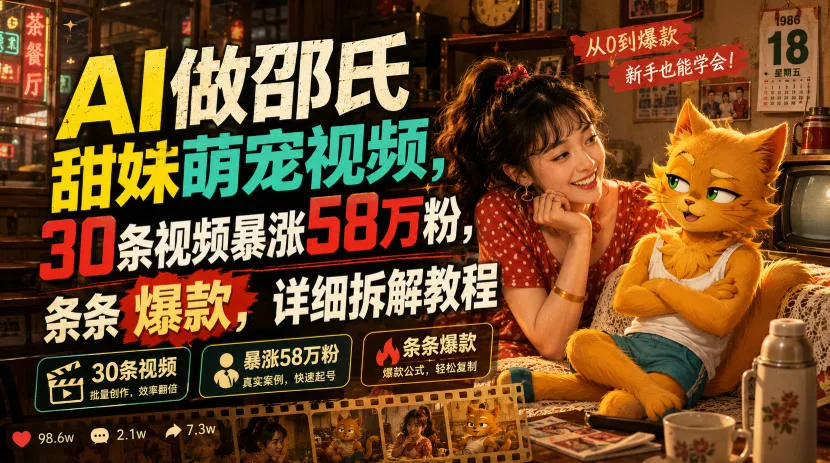 AI做邵氏甜妹萌宠视频，30条视频暴涨58万粉，条条爆款，详细拆解教程-奇点库
