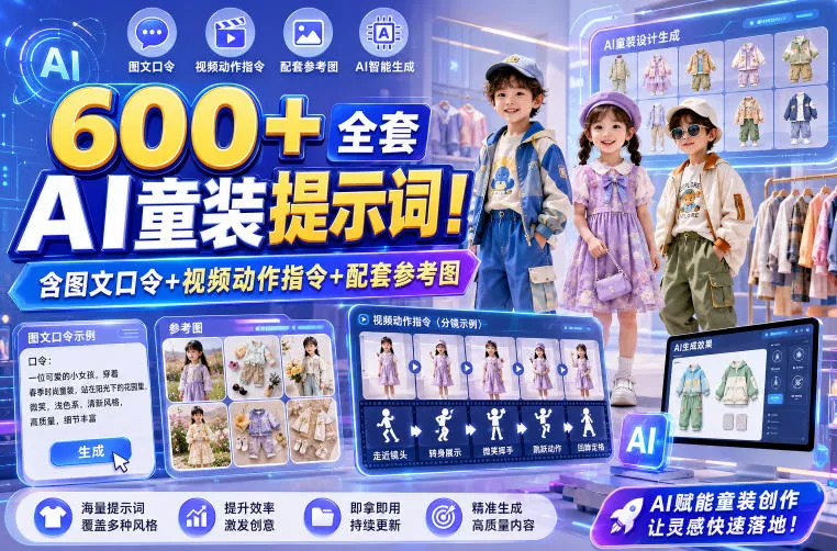600+全套AI童装提示词！含图文口令+视频动作指令+配套参考图，Word-Excel规整分类，童装电商、种草无脑量产内容！-奇点库