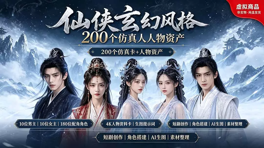 200个仙侠玄幻仿真人素材◆10男主×10女主×180配角，4K资料卡+AI生图提示词，漫剧必备-奇点库