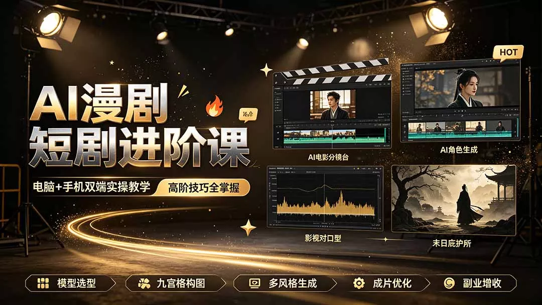 AI漫剧短剧进阶课｜电脑+手机双端实操教学｜影视剧对口型人物吃瓜×解压末日庇护所全程讲解，高阶技巧全掌握-奇点库