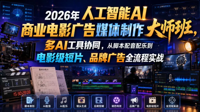 2026年人工智能AI商业电影广告媒体制作大师班，多AI工具协同，从脚本配音配乐到电影级短片、品牌广告全流程实战(中英字幕)-奇点库