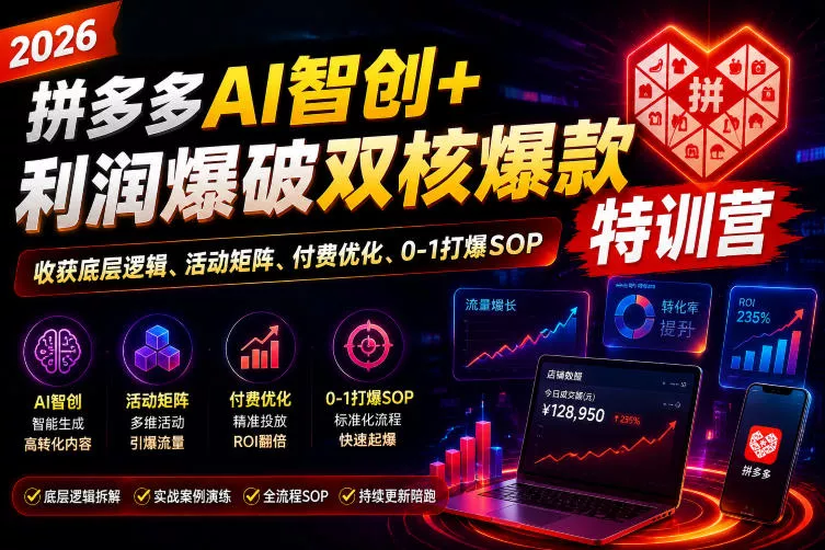 2026拼多多AI智创+利润爆破双核爆款特训营，收获底层逻辑、活动矩阵、付费优化、0-1打爆SOP-奇点库