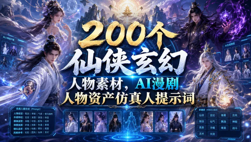 200个仙侠玄幻人物素材，AI漫剧人物资产仿真人提示词-奇点库