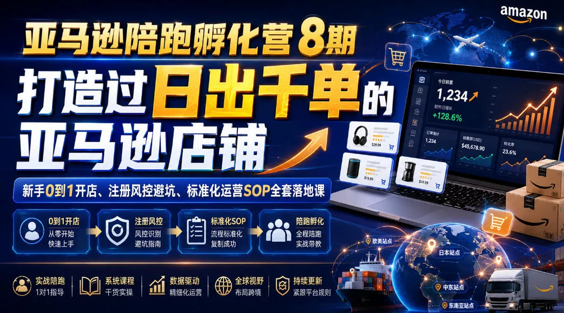 亚马逊陪跑孵化营8期，打造过日出千单的亚马逊店铺，新手0到1开店、注册风控避坑、标准化运营SOP全套落地课-奇点库