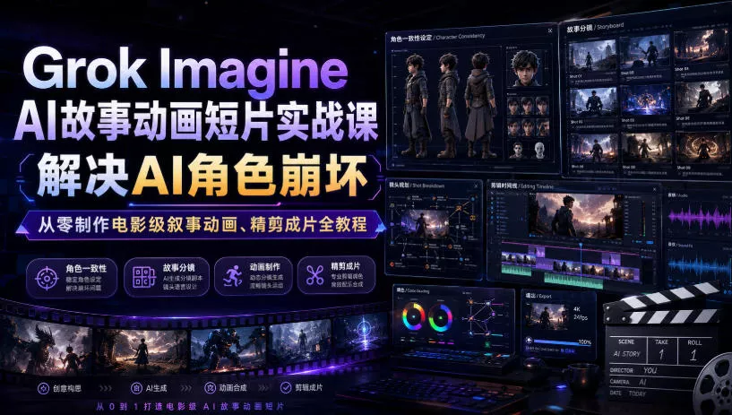Grok Imagine AI故事动画短片实战课｜解决AI角色崩坏，从零制作电影级叙事动画、精剪成片全教程(中英字幕)-奇点库
