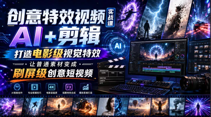 创意特效视频实战课，AI+剪辑打造电影级视觉特效，让普通素材变成刷屏级创意短视频-奇点库