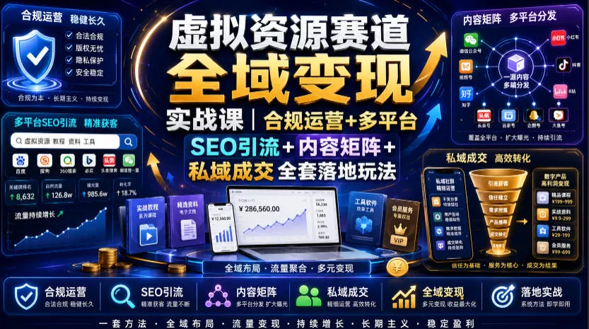 虚拟资源赛道全域变现实战课｜合规运营+多平台SEO引流+内容矩阵+私域成交全套落地玩法-奇点库