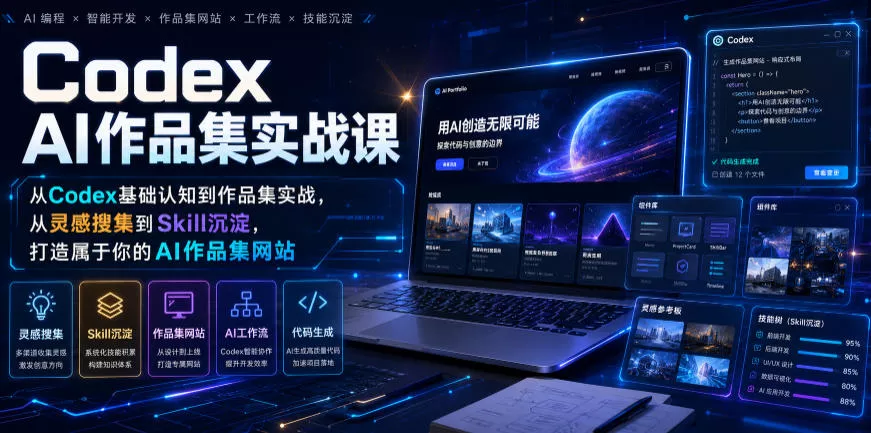 Codex AI作品集实战课，从Codex基础认知到作品集实战，从灵感搜集到Skill沉淀，打造属于你的AI作品集网站-奇点库